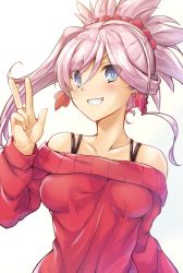 Rule 34 | 1girl, absurdres, bare shoulders, blue eyes, blush, breasts, collarbone, commentary request, earrings, fate/grand order, fate (series), fingernails, gradient background, grey background, grin, hair between eyes, hair ornament, hair scrunchie, hand up, highres, jewelry, long hair, long sleeves, medium breasts, miyamoto musashi (fate), off-shoulder sweater, off shoulder, pink hair, red scrunchie, red sweater, samoore, scrunchie, side ponytail, single hair intake, smile, solo, sweater, upper body, v, v-shaped eyebrows, white background