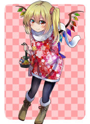 Rule 34 | 1girl, alternate costume, black pantyhose, blonde hair, boots, brown footwear, checkered background, flandre scarlet, fur boots, japanese clothes, looking at viewer, pantyhose, red eyes, scarf, short hair, side ponytail, smile, solo, touhou, wings, zuma