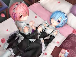 Rule 34 | 10s, 2girls, aki99, bare shoulders, bed, black dress, blue eyes, blue hair, blush, breasts, chain, detached sleeves, dress, closed eyes, eyes visible through hair, flower, frills, from above, girl on top, hair ornament, hair over one eye, holding hands, highres, incest, indoors, interlocked fingers, kiss, looking at viewer, looking up, lying, maid, maid headdress, manga (object), multiple girls, on back, open mouth, pantyhose, petals, pillow, pink hair, ram (re:zero), re:zero kara hajimeru isekai seikatsu, red eyes, rem (re:zero), ribbon, ribbon-trimmed collar, ribbon trim, rose, rose petals, short hair, siblings, sisters, sitting, sitting on person, small breasts, straddling, twincest, twins, underbust, untying, white legwear, x hair ornament, yuri