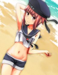 Rule 34 | 10s, 1girl, alternate costume, arm behind head, arm up, armpits, bare shoulders, beach, blunt bangs, brown eyes, brown hair, cowboy shot, crop top, dutch angle, hat, kantai collection, looking at viewer, maple takoyaki, midriff, navel, neckerchief, sailor collar, sailor hat, short hair, shorts, smile, solo, z3 max schultz (kancolle)