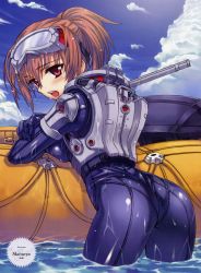 Rule 34 | 1girl, absurdres, ass, blush, boat, bodysuit, brown hair, crossed arms, diving mask, diving mask on head, diving suit, from behind, goggles, goggles on head, highres, leaning, leaning forward, looking back, matsuryuu, open mouth, pink eyes, ponytail, red eyes, scuba, shiny clothes, skin tight, snorkel, solo, watercraft, wet, wetsuit