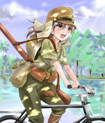 Rule 34 | 1girl, absurdres, ankle wrap, arisaka, artist name, bad id, bad pixiv id, bag, belt, bicycle, black hair, bolt action, brown eyes, canteen, cloud, day, gun, gun sling, happy, hat, helmet, highres, imperial japanese army, japan, jungle, long hair, longmei er de tuzi, military, military uniform, nature, open mouth, original, pouch, riding, rifle, shadow, short sleeves, sky, smile, soldier, solo, sun, sunlight, tree, uniform, water, weapon, world war ii