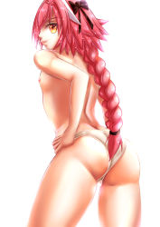 Rule 34 | 1boy, ass, astolfo (fate), bare shoulders, blush, bow, braid, fang, fate/apocrypha, fate/grand order, fate (series), from behind, kagerou (kageroukan), long hair, looking at viewer, male focus, multicolored hair, orange eyes, panties, pink hair, shiny skin, single braid, smile, solo, trap, two-tone hair, underwear, very long hair, white hair