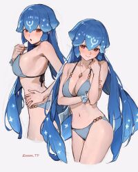 Rule 34 | 1girl, bao (vtuber), bikini, blue bikini, blue hair, breasts, brown hair, cleavage, collage, cropped legs, hand on own hip, highres, indie virtual youtuber, jewelry, large breasts, long hair, looking at viewer, low twintails, midriff, navel, necklace, sidelocks, sketch, sooon, swimsuit, twintails, virtual youtuber, white background