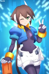 Rule 34 | 1girl, absurdres, aile (mega man zx), brown hair, cropped jacket, green eyes, highres, jacket, long hair, mega man (series), mega man zx, mega man zx advent, one eye closed, open clothes, open jacket, ponytail, robarts hallway, robot ears, shorts, tagme, v, wink