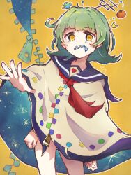 Rule 34 | 1girl, :/, arms at sides, blue sailor collar, blunt bangs, closed mouth, commentary request, cowboy shot, crescent, extra arms, flipped hair, floating headgear, food, fruit, gluteal fold, green hair, headgear, highres, looking at viewer, mandarin orange, naked poncho, neckerchief, nizimine kakoi, outline, outstretched arm, partially unzipped, planet, poncho, radio antenna, rainbow order, red neckerchief, sailor collar, signature, solo, starry sky print, suama (haruichi), utau, white outline, yellow background, yellow eyes, zipper, zipper pull tab