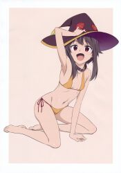 Rule 34 | 1girl, absurdres, arm support, arm up, armpits, bare arms, bare shoulders, barefoot, bikini, black hair, breasts, brown hair, choker, full body, hands on headwear, hat, highres, holding, kneeling, kono subarashii sekai ni shukufuku wo!, looking at viewer, megumin, navel, open mouth, pink background, red eyes, scan, shiny skin, short hair, side-tie bikini bottom, sidelocks, simple background, small breasts, smile, solo, stomach, swimsuit, thighs, toes, wizard hat, yamamoto shuuhei, yellow bikini