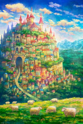 Rule 34 | arch, blue sky, city, cloud, cloudy sky, commentary request, dated, fantasy, field, forest, grass, highres, house, kemi neko, nature, no humans, original, outdoors, road, scenery, sheep, signature, sky, tower, tunnel