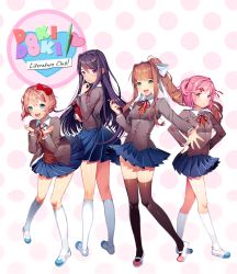 Rule 34 | 4girls, :d, ahoge, black socks, blazer, blue eyes, blue skirt, blunt bangs, blush, book, bow, breasts, brown hair, clenched hands, collared shirt, commentary, copyright name, doki doki literature club, full body, green eyes, hair between eyes, hair bow, hair ornament, hairclip, hands on own hips, head tilt, heart, high ponytail, holding, holding book, holding pen, jacket, kneehighs, long hair, long sleeves, looking at viewer, looking back, medium breasts, monika (doki doki literature club), multiple girls, natsuki (doki doki literature club), neck ribbon, official art, open clothes, open jacket, open mouth, outstretched arm, parted lips, pen, pink eyes, pleated skirt, polka dot, polka dot background, purple eyes, purple hair, red bow, red ribbon, ribbon, satchely, sayori (doki doki literature club), shirt, shoes, short hair, sidelocks, skirt, small breasts, smile, socks, standing, swept bangs, thighhighs, uwabaki, very long hair, white background, white footwear, white legwear, white shirt, wing collar, yuri (doki doki literature club)