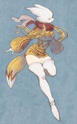 Rule 34 | 1girl, animal ears, blonde hair, breasts, closed eyes, fake animal ears, fake tail, final fantasy, final fantasy tactics, full body, long sleeves, mask, medium breasts, mime (fft), mozuku (mozuuru0323), solo, standing, standing on one leg, sweater, tail, thighhighs