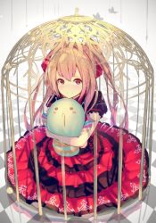 Rule 34 | 1girl, blush, bow, brown hair, cage, circle skirt, dress, enj!, full body, hair bow, long hair, looking at viewer, open mouth, original, red bow, red dress, red eyes, smile, solo, stuffed animal, stuffed toy, triangle mouth