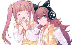 Rule 34 | 2girls, :d, ^ ^, ahoge, animal ear headphones, animal ears, bad id, bad twitter id, bang dream!, blue eyes, blunt bangs, blush, brown hair, cat ear headphones, closed eyes, fake animal ears, frown, headphones, interlocked fingers, long hair, long sleeves, multicolored hair, multiple girls, nyubara reona, open mouth, own hands together, pink hair, red hair, see-through, see-through sleeves, shiontaso, sidelocks, simple background, smile, steepled fingers, streaked hair, tamade chiyu, twintails, two-tone hair, upper body, white background