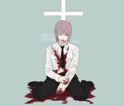 Rule 34 | 1girl, black footwear, black necktie, black pants, blood, blood on clothes, blood on face, blood on hands, braid, braided ponytail, chainsaw man, collared shirt, green background, highres, looking at viewer, makima (chainsaw man), medium hair, necktie, nosebleed, nyokki dream666, open mouth, pants, pool of blood, red hair, ringed eyes, shirt, shirt tucked in, sidelocks, simple background, solo, tombstone, white shirt, yellow eyes