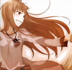 Rule 34 | 00s, 1girl, animal ears, ayakura juu, female focus, gradient background, highres, holo, red eyes, smile, solo, spice and wolf, tail, white background, wolf ears