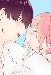 Rule 34 | 1boy, 1girl, absurdres, black hair, blue background, blue eyes, blush, close-up, collared shirt, commentary, couple, earrings, eye contact, eyebrows hidden by hair, go-toubun no hanayome, hair between eyes, hand on another&#039;s cheek, hand on another&#039;s face, hetero, highres, imminent kiss, jewelry, lips, looking at another, nakano ichika, nose, open mouth, pink hair, profile, shirt, short hair, sidelocks, simple background, stud earrings, teeth, tsubomi hanami, uesugi fuutarou, upper teeth only, white shirt, yellow eyes