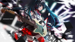 Rule 34 | 1girl, artist name, bad id, bad pixiv id, blurry, depth of field, green eyes, green hair, guitar, hatsune miku, headphones, instrument, long hair, matching hair/eyes, music, nisoku hokou (vocaloid), open mouth, playing instrument, pleated skirt, project diva (series), project diva f 2nd, red thighhighs, singing, skirt, solo, swd3e2, thighhighs, vocaloid, zettai ryouiki