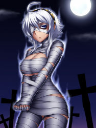 Rule 34 | 1girl, ahoge, anger vein, aura, bandages, bandage over one eye, blue eyes, breasts, cleavage, cosplay, cross, duel monster, full moon, graveyard, hairband, looking at viewer, milla the temporal magician, mira the eternal magician, moon, mummification, mummy, mummy (cosplay), night, no bra, pataneet, short hair, sidelocks, solo, white hair, yu-gi-oh!, yuu-gi-ou, yu-gi-oh! duel monsters