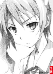 Rule 34 | 1girl, female focus, frown, gofu, greyscale, mayo chiki!, monochrome, school uniform, sketch, solo, spot color, traditional media, twintails, usami masamune, white background