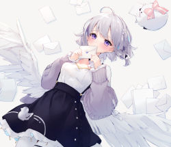 Rule 34 | 1girl, ahoge, black skirt, blush, breasts, cardigan, commentary request, covered mouth, envelope, feathered wings, frilled skirt, frills, grey background, grey cardigan, heart, long sleeves, looking at viewer, low wings, lying, medium breasts, on back, open cardigan, open clothes, pantyhose, purple eyes, shirt, skirt, skycolor project, solo, suspender skirt, suspenders, suzumori uina, usuwa suu, virtual youtuber, white pantyhose, white shirt, white wings, wings