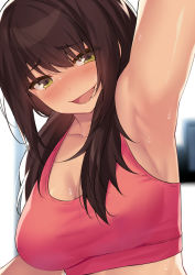 Rule 34 | 1girl, armpits, bad id, bad pixiv id, bare arms, blush, breasts, brown eyes, cccpo, cleavage, collarbone, commentary request, face, highres, large breasts, long hair, looking at viewer, open mouth, original, pink shirt, shirt, solo, sweat