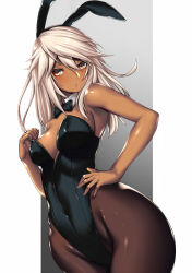 Rule 34 | 1girl, animal ears, bare shoulders, black leotard, blonde hair, bow, bowtie, breasts, cleavage, covered navel, dark-skinned female, dark skin, fake animal ears, gradient background, groin, guilty gear, guilty gear xrd, hair between eyes, hand on own hip, hand up, highres, leotard, long hair, looking at viewer, medium breasts, open mouth, pantyhose, playboy bunny, rabbit ears, ramlethal valentine, sidelocks, simple background, solo, tail, takanashi-a, wrist cuffs