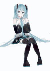 Rule 34 | 1girl, absurdres, black footwear, black skirt, black sleeves, blue eyes, blue hair, blue necktie, boots, detached sleeves, full body, hair between eyes, hair ornament, hatsune miku, highres, holding, holding own hair, invisible chair, long hair, long sleeves, miniskirt, necktie, pleated skirt, potetoneko, shirt, sitting, skirt, sleeveless, sleeveless shirt, solo, thigh boots, thighhighs, twintails, very long hair, vocaloid, white shirt, zettai ryouiki