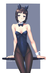 Rule 34 | 1girl, animal ears, bad id, bad pixiv id, black bow, black bowtie, black leotard, black pantyhose, blue background, border, bow, bowtie, breasts, brown eyes, brown hair, cameltoe, cleavage, covered navel, cowboy shot, detached collar, fake animal ears, gluteal fold, highres, leotard, looking at viewer, oda masaki (b-minor), original, pantyhose, parted lips, playboy bunny, rabbit ears, rabbit girl, short hair, small breasts, solo, strapless, strapless leotard, table, two-tone background, white border, wrist cuffs