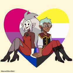 Rule 34 | 1girl, 1other, artist name, bisexual female, bisexual flag, black footwear, colored skin, dark skin, dazeddoodles, earrings, edalyn clawthorne, fang, full body, glasses, grey hair, highres, holding hands, jewelry, lgbt pride, long hair, non-binary flag, pale skin, pointy ears, pride month, raine whispers, short hair, simple background, smile, the owl house, white skin