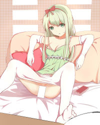Rule 34 | 1girl, absurdres, bow, breasts, camisole, cellphone, censored, cleavage, clothes pull, elbow gloves, frills, gloves, green eyes, green hair, hair bow, highres, leaning back, long hair, looking at viewer, matching hair/eyes, medium breasts, original, pantyhose, pantyhose pull, phone, pillow, soha (sirohase), solo, spread legs, white pantyhose