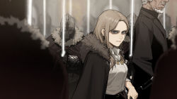 Rule 34 | 1girl, black cape, black pants, cape, closed mouth, collared shirt, earrings, from side, gogalking, grey eyes, grey hair, highres, holding, holding sword, holding weapon, jewelry, leonir (gogalking), long hair, looking at viewer, looking to the side, necklace, original, pants, popped collar, shirt, soldier, solo focus, sword, weapon, white shirt, wing collar