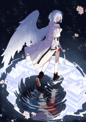 Rule 34 | 1girl, absurdres, adapted costume, black footwear, boots, closed mouth, coat, commentary request, expressionless, feathered wings, flower, from behind, full body, highres, kishin sagume, ko kita, long sleeves, looking at viewer, looking to the side, one side up, red eyes, red shirt, red skirt, reflection, reflective water, ripples, shirt, short hair, single wing, skirt, solo, standing, touhou, white coat, white flower, white hair, wings