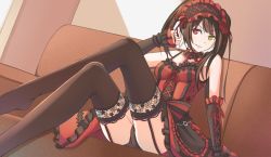 Rule 34 | 10s, 1girl, black panties, black thighhighs, brown hair, choker, collarbone, couch, crossed legs, date a live, garter straps, hairband, heterochromia, keikei (kitty colors), legs, lingerie, lolita fashion, lolita hairband, long hair, long legs, panties, red eyes, revision, sitting, smile, solo, thighhighs, thighs, tokisaki kurumi, twintails, underwear, yellow eyes