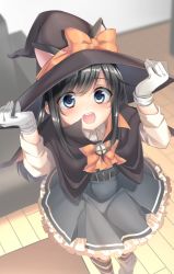 Rule 34 | 1girl, animal ears, asashio (kancolle), black hair, blue eyes, blush, boots, bow, cape, cat ears, dress, fake animal ears, frilled dress, frills, gloves, hat, hat bow, highres, indoors, kantai collection, long hair, long sleeves, numao178, orange neckwear, pinafore dress, shirt, sidelocks, sleeveless, sleeveless dress, smile, solo, striped clothes, striped thighhighs, thighhighs, white shirt, witch hat