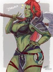 Rule 34 | 1girl, armor, artist name, axe, border, breasts, character name, colored skin, commentary, cowboy shot, english commentary, female orc, green skin, grey background, hand on own hip, holding, holding axe, iahfy, large breasts, long hair, looking at viewer, muscular, muscular female, navel, orc, over shoulder, patreon username, pointy ears, raid shadow legends, red hair, shoulder armor, shoulder spikes, skull, solo, spikes, tattoo, teeth, tongue, tribal, tusks, twitter username, watermark, weapon, weapon over shoulder, white border, yellow eyes, zargala
