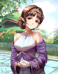 Rule 34 | 1girl, absurdres, artezahn, bandaged hand, bandages, bare shoulders, blue sky, blunt bangs, brown eyes, brown hair, building, cloud, commentary request, day, dunyarzad (genshin impact), earrings, genshin impact, hairband, highres, jewelry, long sleeves, neck ring, off shoulder, shirt, short hair, sky, solo, upper body, white shirt