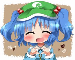 Rule 34 | 1girl, ^ ^, ayu (iyokanya), bad id, bad pixiv id, blue hair, blush, closed eyes, female focus, green hat, hair bobbles, hair ornament, hat, heart, heart hands, kawashiro nitori, key, open mouth, outside border, short hair, smile, solo, touhou, twintails, two side up