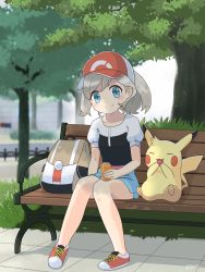 Rule 34 | 1girl, 30re, backpack, bag, baseball cap, bench, blush, can, closed mouth, collarbone, commentary request, creatures (company), day, elaine (pokemon), eyelashes, game freak, gen 1 pokemon, grass, hat, highres, holding, holding can, knees together feet apart, looking at viewer, nintendo, on bench, outdoors, pigeon-toed, pikachu, pokemon, pokemon (creature), pokemon lgpe, short sleeves, sitting, smile, tile floor, tiles, tree, two-tone headwear, unworn backpack, unworn bag