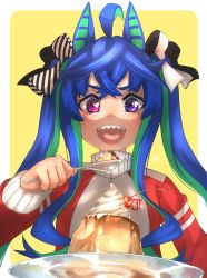Rule 34 | 1girl, :d, @ @, ahoge, animal ears, blue eyes, blue hair, cherry, commentary, crossed bangs, drooling, ear covers, food, fruit, green hair, hair ribbon, heterochromia, highres, holding, holding spoon, horse ears, jacket, long hair, looking at viewer, multicolored hair, open mouth, plate, pudding, purple eyes, ribbon, sharp teeth, sidelocks, simple background, smile, solo, spoon, teeth, thin (suzuneya), tongue, track jacket, twin turbo (umamusume), twintails, two-tone hair, umamusume, upper body, yellow background