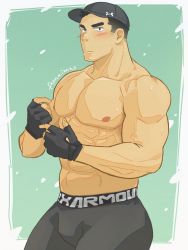 Rule 34 | 1boy, abs, amaimao, artist name, bara, baseball cap, black gloves, black hair, black pants, blush, closed mouth, fingerless gloves, gloves, hat, highres, large pectorals, looking at viewer, male focus, muscular, muscular male, nipples, orange hair, original, pants, pectorals, short hair, simple background, solo, topless male, veins, veiny arms