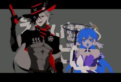 Rule 34 | 1boy, 1girl, absurdres, android, blue eyes, blue hair, blue mouth, boothill (honkai: star rail), cowboy hat, detached sleeves, dio lost, dress, grin, gun, hat, head wings, highres, holding, holding gun, holding weapon, honkai: star rail, honkai (series), limited palette, long hair, looking at viewer, multicolored hair, open mouth, robin (honkai: star rail), sharp teeth, sheriff badge, short sleeves, smile, strapless, strapless dress, streaked hair, teeth, traffic jam (vocaloid), very long hair, weapon, wings
