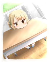 Rule 34 | 1girl, absurdres, aged down, angry, blonde hair, blush, child, desk, highres, ichii yui, looking at viewer, low twintails, mokonekosan, pout, school desk, shoes, short hair, sitting, socks, solo, twintails, white socks, wooden floor, yellow eyes, yuyushiki