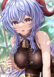 Rule 34 | 1girl, absurdres, bare arms, bell, bent over, black legwear, blue hair, blush, bodystocking, bodysuit, breasts, curled horns, ganyu (genshin impact), genshin impact, hanging breasts, highres, holding, holding umbrella, horns, large breasts, leaning forward, long hair, looking at viewer, multicolored eyes, neck bell, no gloves, nori chazuke, open mouth, parted lips, rain, sidelocks, signature, sleeveless, solo, standing, thigh gap, thighlet, transparent, transparent umbrella, triangle mouth, umbrella, wet