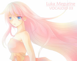 Rule 34 | 1girl, artist request, bare arms, bare shoulders, blue eyes, character name, copyright name, dress, female focus, long hair, looking at viewer, megurine luka, neck, pink dress, pink hair, solo, strapless, strapless dress, upper body, very long hair, vocaloid