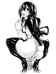 Rule 34 | 10s, 1girl, ass, asui tsuyu, belt, blush, boku no hero academia, boots, breasts, eyelashes, female masturbation, gloves, hair between eyes, high heel boots, high heels, kanta (k n t r o), long hair, masturbation, monochrome, simple background, solo, thigh boots, thighhighs, tongue, tongue out