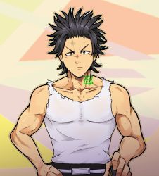 Rule 34 | 1boy, bare arms, black clover, black hair, frown, highres, kir (kir keropi), looking at viewer, male focus, pectorals, scar, scar on face, scar on nose, short hair, solo, spiked hair, tank top, toned, toned male, white tank top, yami sukehiro, aged down
