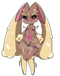 Rule 34 | 1girl, animal nose, arms at sides, bare shoulders, bikini, black bikini, black sclera, body fur, brown fur, clenched teeth, colored sclera, creatures (company), drooling, egg vibrator, female focus, flat chest, full body, furry, furry female, game freak, gen 4 pokemon, heart, highres, knees together feet apart, legs, looking at viewer, lopunny, navel, nintendo, nipple stimulation, off-shoulder bikini, off shoulder, pink eyes, pokemon, pokemon (creature), rabbit ears, rabbit girl, remote control vibrator, saliva, sex toy, shadove, shiny skin, simple background, solo, standing, stomach, stomach tattoo, string bikini, sweat, swimsuit, tattoo, tears, teeth, thigh strap, thighs, two-tone fur, vibrator, vibrator on nipple, vibrator under clothes, white background, wide hips, yellow fur