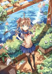 Rule 34 | 1girl, ahoge, bird, black thighhighs, bow, bracelet, colored eyelashes, dango remi, double m/, flower, flower pot, green eyes, hair flower, hair ornament, hairpin, highres, jewelry, light brown hair, looking at viewer, m/, no shoes, original, paper, plant, puddle, school uniform, serafuku, skirt, smile, solo, standing, thighhighs, twintails, vines, water, water drop