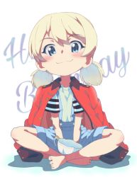 Rule 34 | 1girl, :3, aged down, barefoot, blonde hair, blue eyes, coat, coat on shoulders, cup, darjeeling (girls und panzer), girls und panzer, happy birthday, indian style, kayabakoro, shorts, sitting, solo, teacup, twintails, white background
