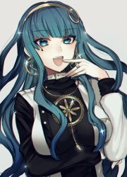 Rule 34 | 1girl, blue eyes, blue hair, breasts, choker, cleopatra (fate), earrings, fate/grand order, fate (series), hairband, highres, hoop earrings, jewelry, laughing, long hair, long sleeves, looking at viewer, medium breasts, necklace, open mouth, pendant, ring, sasasuke, simple background, smile, solo, very long hair