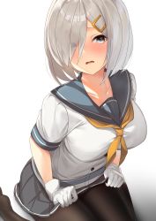 Rule 34 | 1girl, absurdres, black pantyhose, blue eyes, blush, breasts, clothes lift, collarbone, eyes visible through hair, gloves, hair ornament, hair over one eye, hairclip, hamakaze (kancolle), highres, jun project, kantai collection, large breasts, lifting own clothes, looking at viewer, neckerchief, open mouth, pantyhose, pleated skirt, sailor collar, school uniform, serafuku, short hair, short sleeves, silver hair, simple background, sitting, skirt, skirt lift, solo, wariza, white background, white gloves, yellow neckerchief